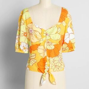 ModCloth Floral Puff Sleeve Tie-Front Top Vintage-Inspired Retro Summer Medium